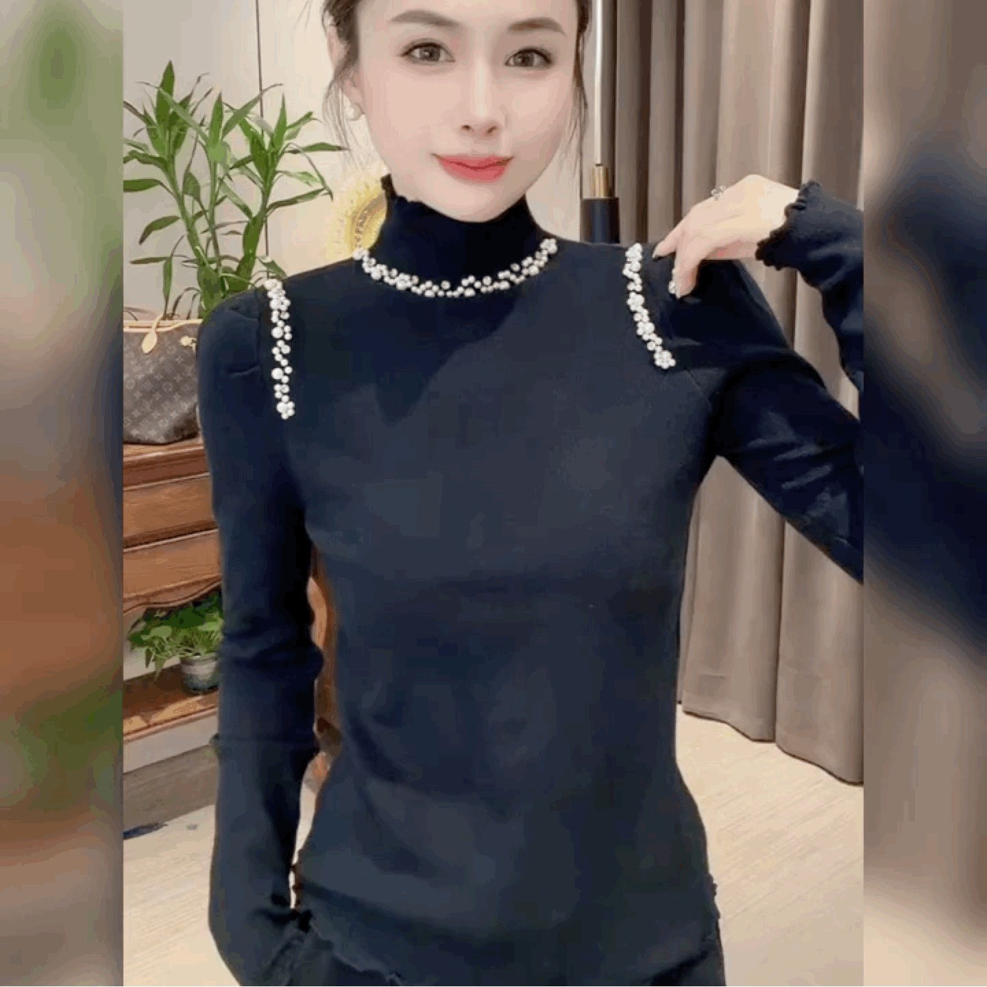 修身针织内搭长袖上衣时尚洋气T恤木耳边珍珠半高领设计感打底衫,女装/女士精品,T恤,淘宝优惠券,粉丝福利购,淘宝优惠卷