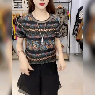 百搭打底衫高级设计感圆领法式上衣轻奢女神范短袖碎花雪纺纱T恤