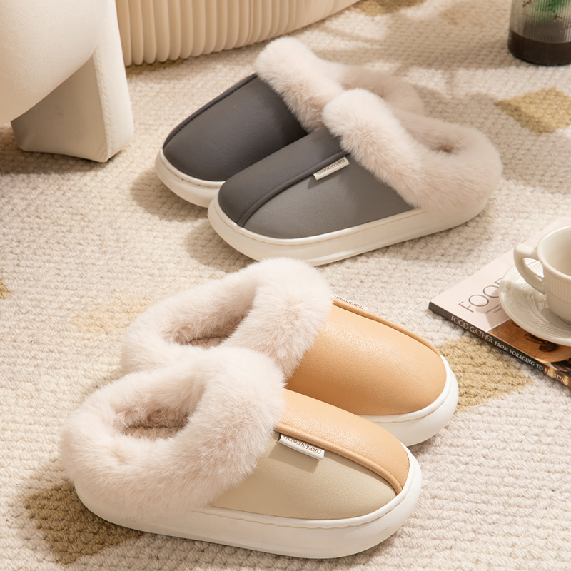 防水棉拖鞋女情侣冬季厚底保暖加绒室内居家防滑毛毛绒冬天拖鞋男
