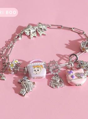 粉色猫咪兔子925银珠子可爱手链