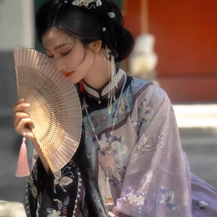 汉服女新中式国风立领全开斜襟螺钿清汉女大小姐少奶奶服紫色大气