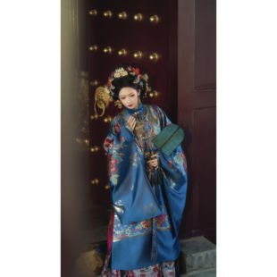 明制古装汉服女皇后上装长袖立领中长款蓝色高端国风奢华长袍贵女