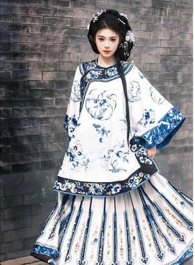清汉女清朝服装圆领斜襟青花瓷蓝色汉服马面裙套装宅门晋商少奶奶