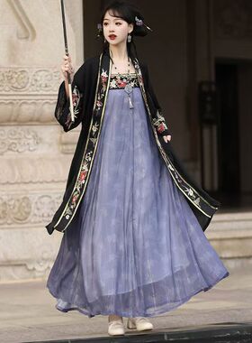 汉服女宋制黑色长干寺褙子刺绣齐胸吊带破裙新中式国风套装夏秋款