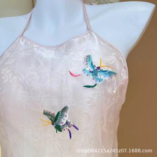 女古风仿真丝大码睡衣绣花肚兜家居服吊带内搭带胸垫中式冰丝