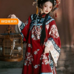 满绣清汉女晋商大小姐斜襟红色氅衣风格 格少奶奶徽商满族公主刺绣