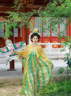 一片式齐胸襦裙日常套装宫廷旅拍黄绿色唐代唐三彩汉服小唐风新款