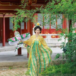 一片式齐胸襦裙日常套装宫廷旅拍黄绿色唐代唐三彩汉服小唐风新款