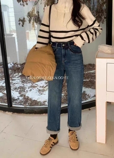 ckly1807哈伦牛仔裤女冬加绒2023年新款梨形显瘦萝卜裤宽松男友裤