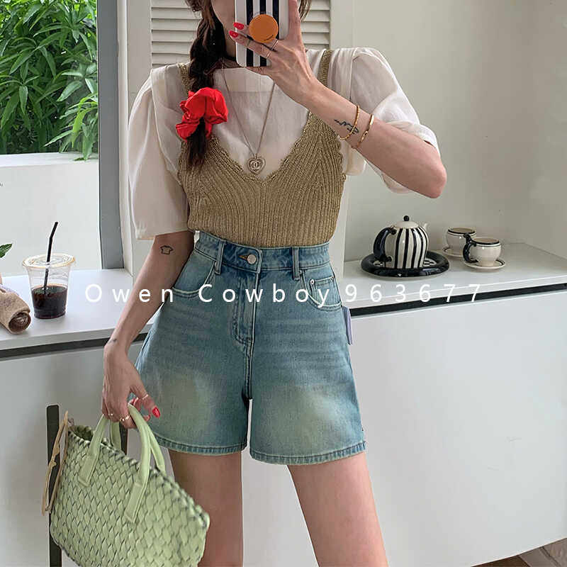 泉州大欧文高腰浅蓝色牛仔短裤女963677显瘦阔腿A字热裤女2024夏