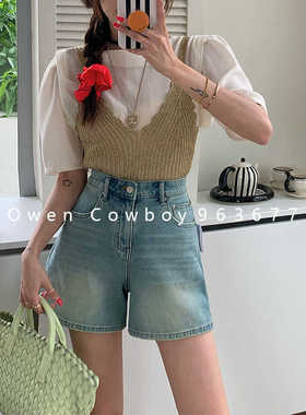 泉州大欧文高腰浅蓝色牛仔短裤女963677显瘦阔腿A字热裤女2024夏