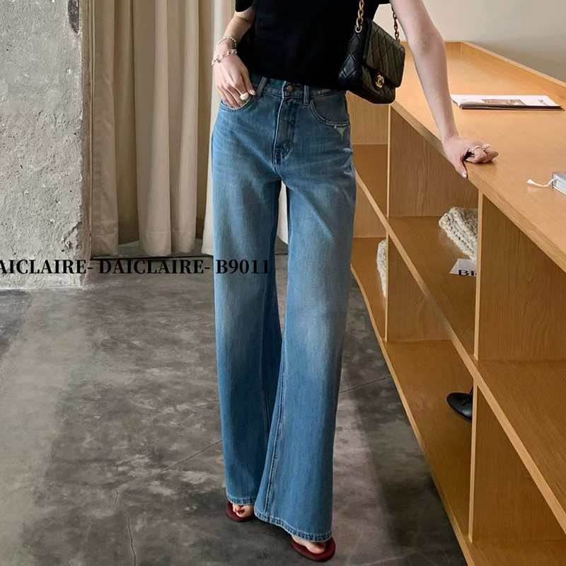 代嘉儿daiclaire春款B9011蓝直筒女阔腿裤高腰弹力筒喇裤牛仔裤
