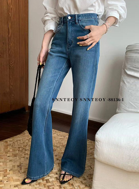 代嘉儿daiclaire森调88136-1夏季高腰蝴蝶结牛仔裤弹力蓝色喇叭裤