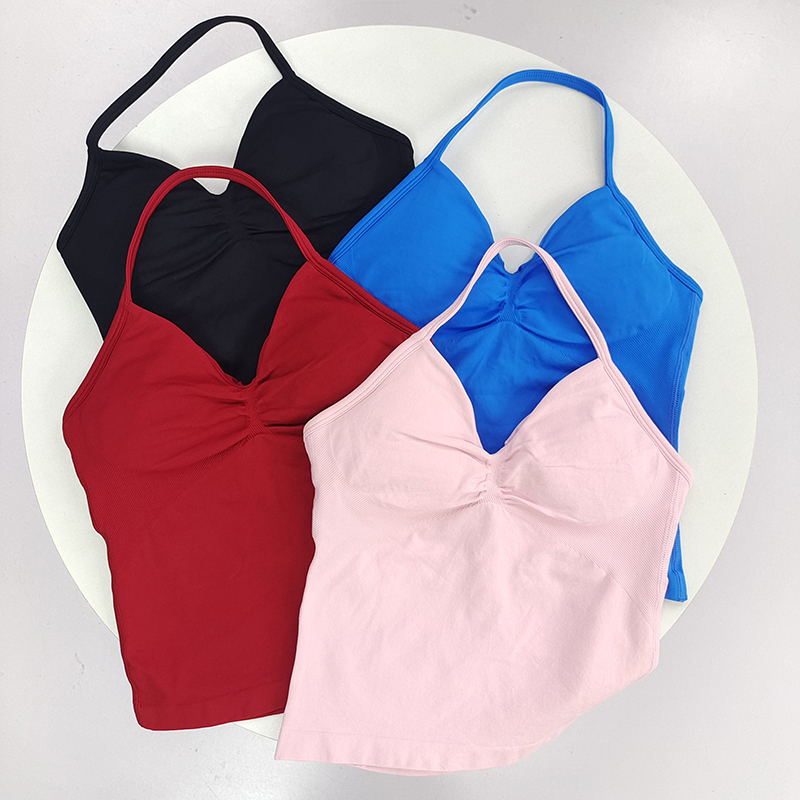 欧美大热DF褶皱挂脖长款健身背心含胸垫定型防震美背女运动背心