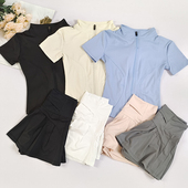 紧身健身服女套装 瑜伽服立领拉链开衫 薄款 口袋速干百褶裙夏季 短袖