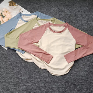 秋款新品运动长袖T恤女撞色紧身显瘦瑜伽服速干透气健身服上衣