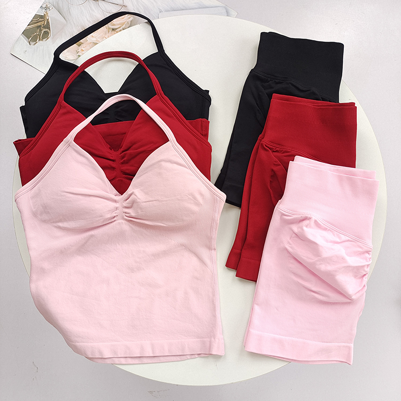 DF新品运动套装！瑜伽露背挂脖运动背心提臀高腰健身训练短裤女