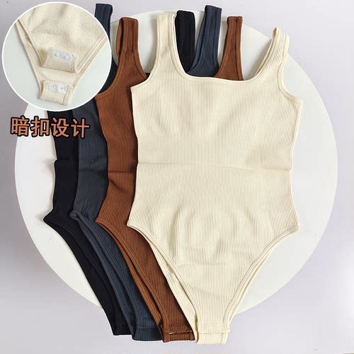 欧美风方领吊带连体衣背心女新款辣妹修身美背上衣瑜伽运动健身服