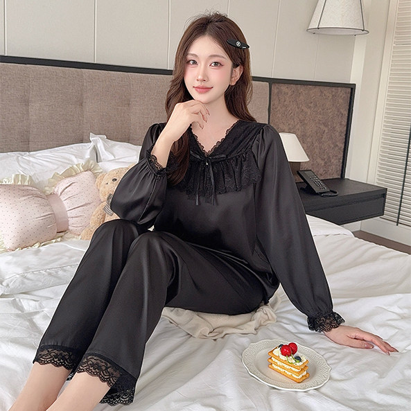 春秋季新款睡衣女款长袖长裤冰雪丝带胸垫蕾丝花边家居服两件套装