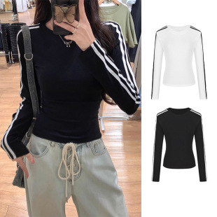上衣秋冬 插肩内搭打底衫 辣妹chic白色条纹长袖 T恤女2025早秋修身