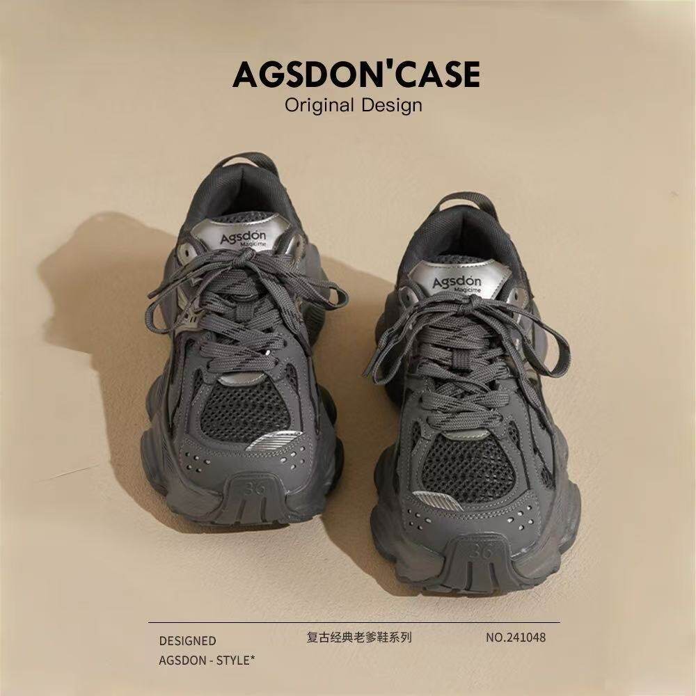 奥古狮登灰色加绒老爹鞋女2026春冬新款厚底复古显脚小休闲运动鞋