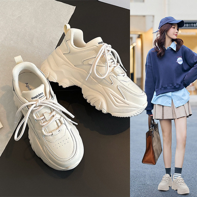 奥古狮登真皮老爹鞋女2023新款春白色休闲厚底全皮小白百搭运动鞋