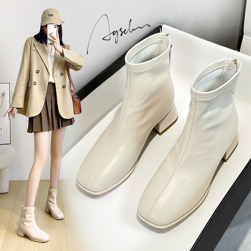 奥古狮登白色马丁靴女2023秋冬新款高跟靴子粗跟爆款软皮瘦瘦靴切