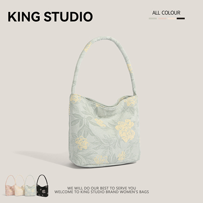 新中式花朵手提布包女单肩水桶包