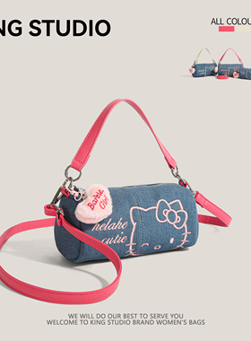 hellokitty包包女2025新款凯蒂猫小众牛仔布手提圆筒包单肩斜挎包