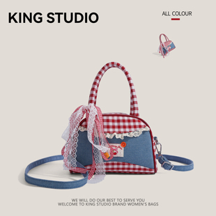 小众牛仔蝴蝶结格子保龄球手提包女2026新款 百搭单肩斜挎包 潮时尚