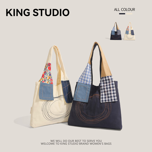 小众日系复古牛仔拼接帆布包女