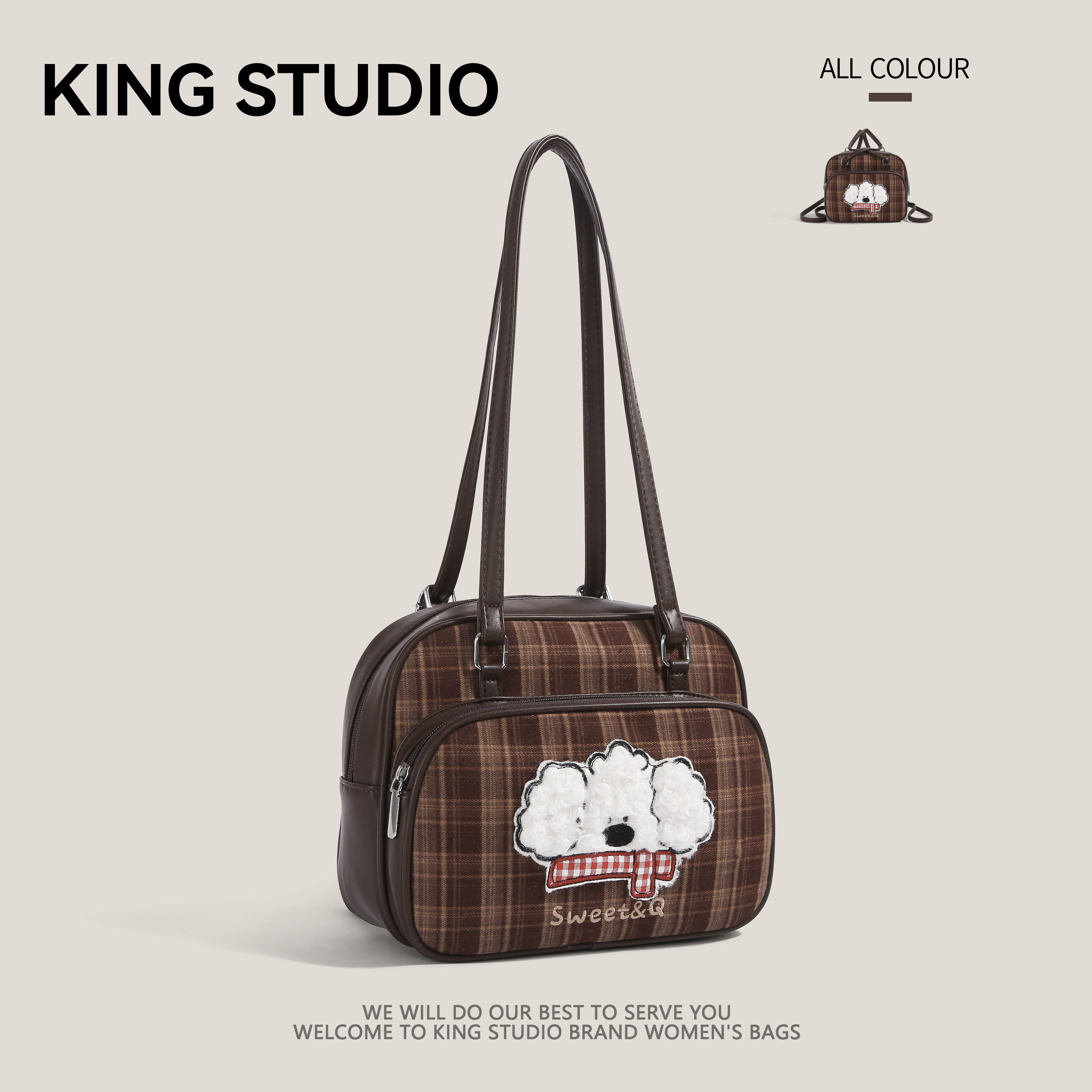 复古格纹可爱小狗双肩包女2026新款大容量通勤背包时尚休闲单肩包