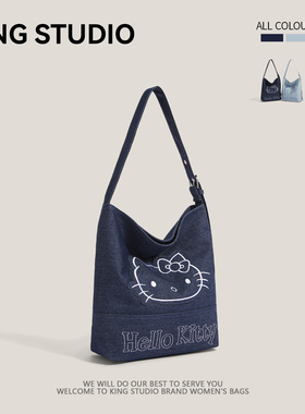可爱卡通hellokitty牛仔布包包女2026新款大容量水桶单肩包托特包