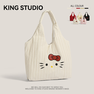 可爱卡通kitty猫褶皱帆布包2025新款大容量通勤托特包单肩手提包
