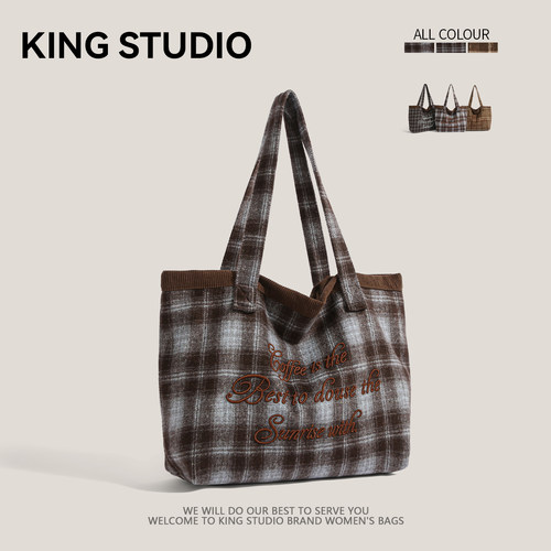 毛呢格子布包包女学生上课单肩包