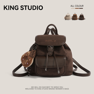 小众复古麂皮绒双肩包女2025秋冬新款大容量通勤背包学生上课书包