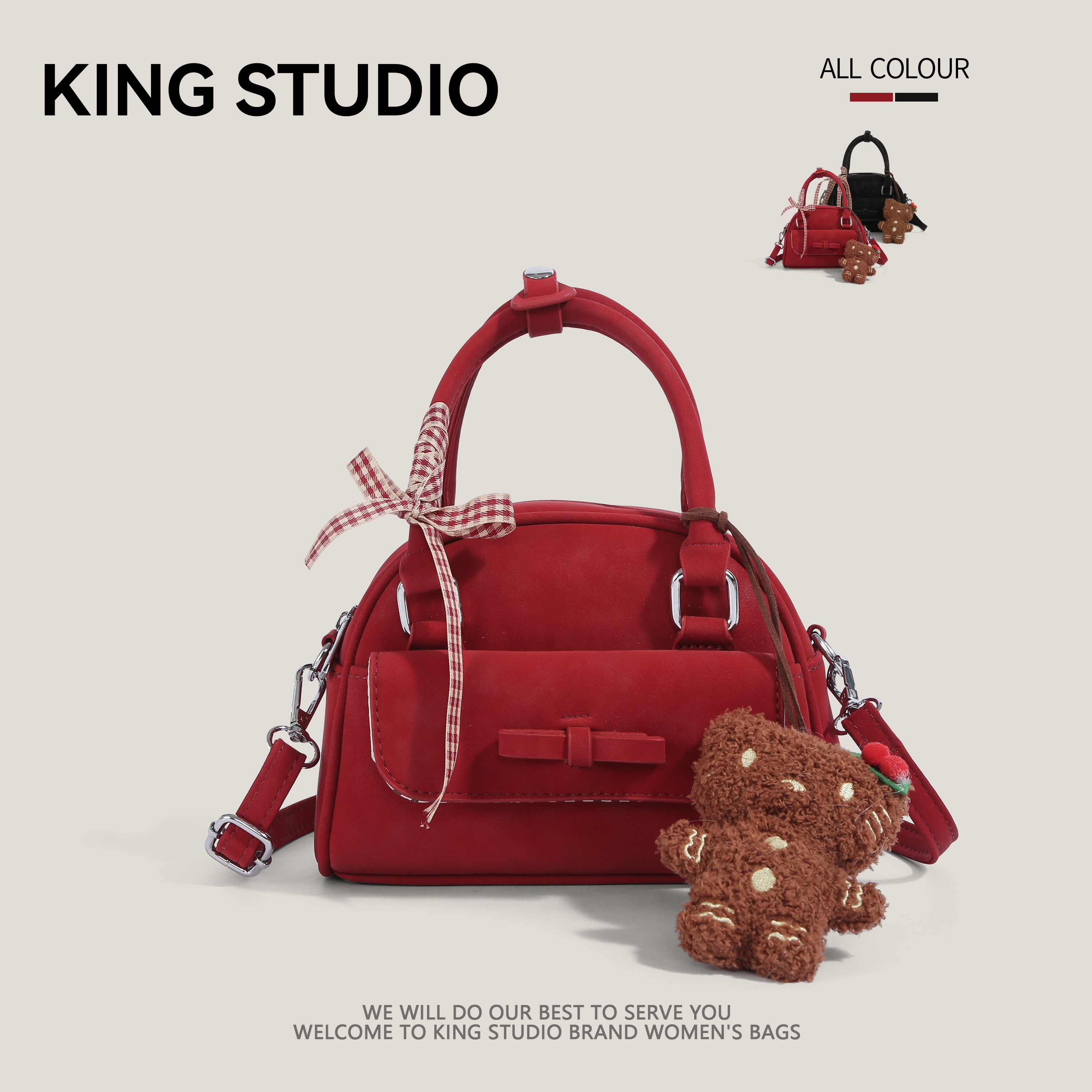 超火红色小众蝴蝶结包包女2026新款百搭斜挎包高级感手提保龄球包