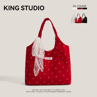 小众红色波点条纹帆布包包女2025新款大容量单肩托特包通勤腋下包