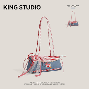 小众设计牛仔布包2025新款时尚甜美风蕾丝蝴蝶结单肩包百搭腋下包