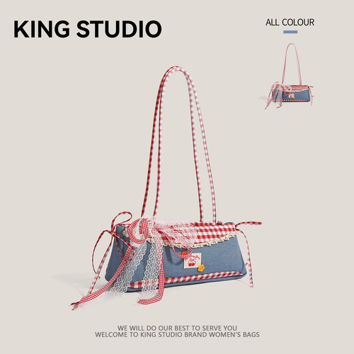 小众设计牛仔布蕾丝蝴蝶结单肩包