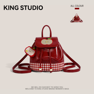 红色格子苹果双肩包卡通刺绣小背包韩版迷你轻便学生上课小书包女