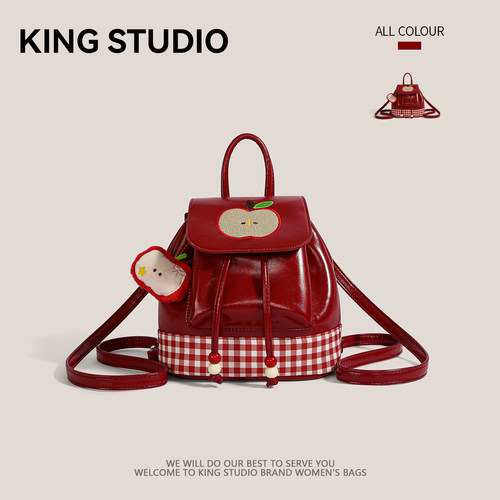 红色格子苹果双肩包卡通刺绣背包