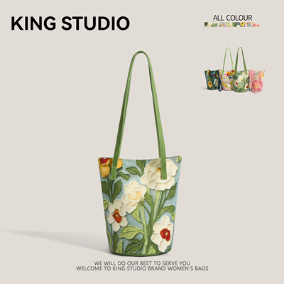 油画花卉百搭小众休闲单肩水桶包