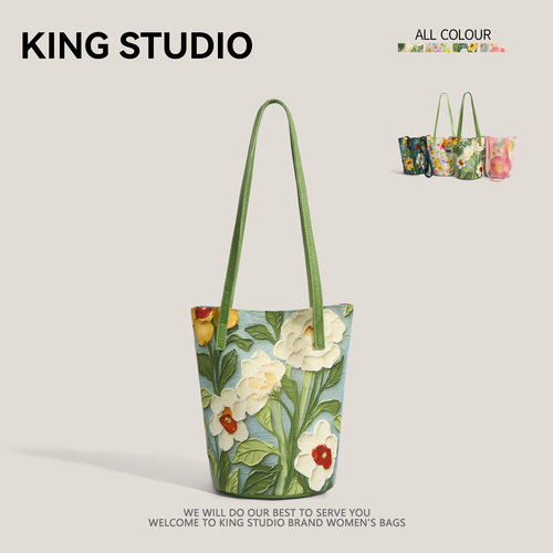 油画花卉百搭小众休闲单肩水桶包