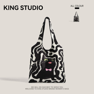 小众设计原创皮皮小猫黑色帆布包学生上课单肩包大容量通勤托特包