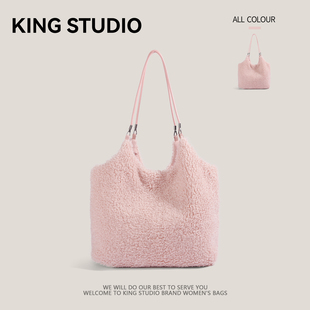 韩系粉色麂皮绒双面大容量托特包女2026新款通勤手提购物袋单肩包