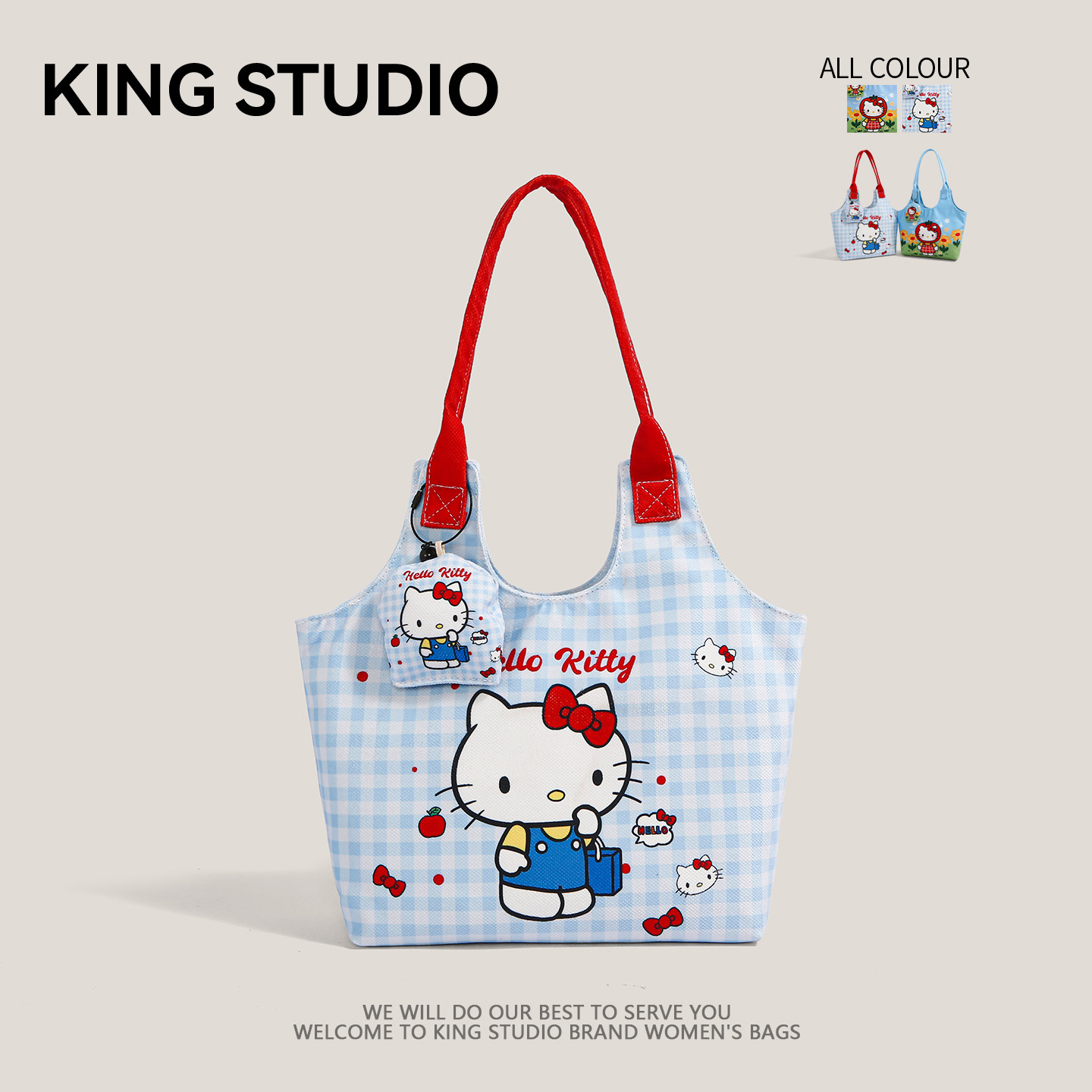 可爱Hello Kitty格子帆布包女2026新款手提包百搭学生通勤腋下包