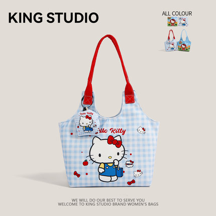 可爱Hello Kitty格子帆布包女2026新款手提包百搭学生通勤腋下包
