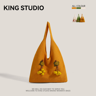 毛线针织包包女2025新款潮时尚文艺樱桃托特包大容量编织购物袋