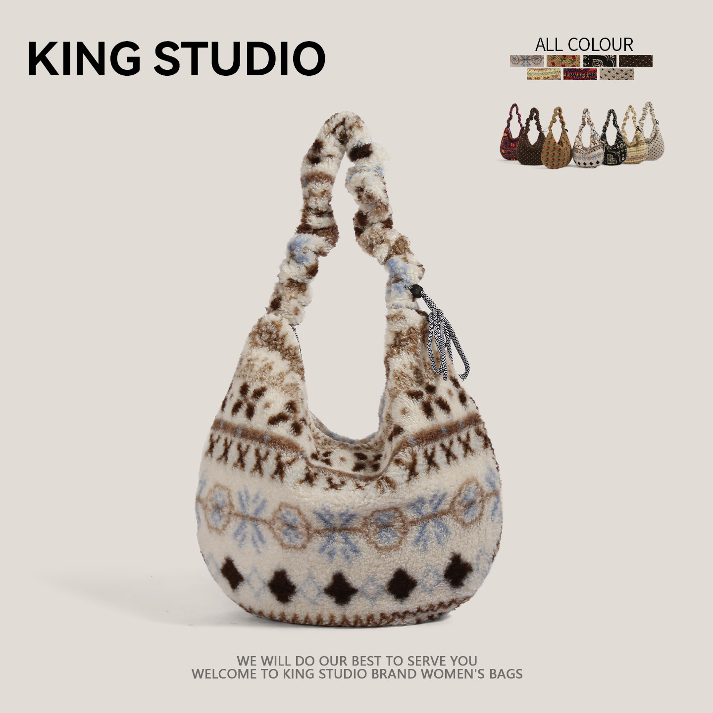 费尔岛风毛绒托特包女2026新款潮大容量饺子包小众百搭单肩斜挎包